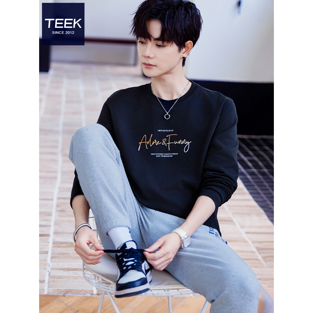 TEEK outono manga comprida camiseta puro algodão masculino carta impressa interior juventude bonito camisa de fundo rua 
