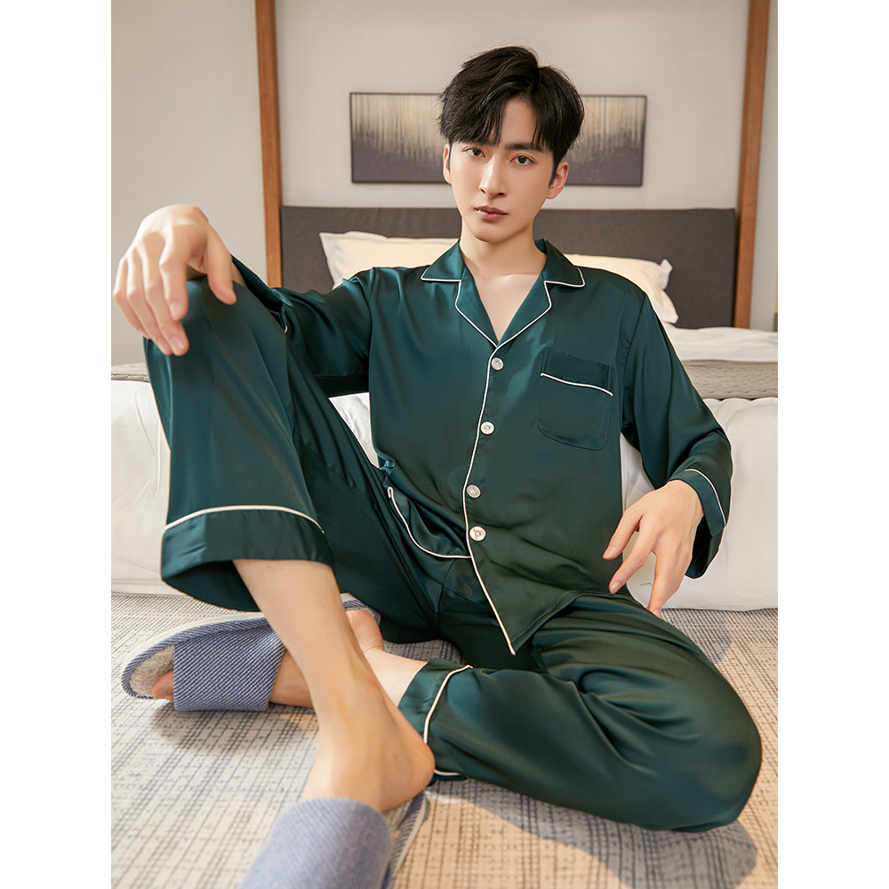 Pijamas masculinos primavera outono estilo gelo seda mangas compridas 2026 novo estilo verão masculino High-End sentido 