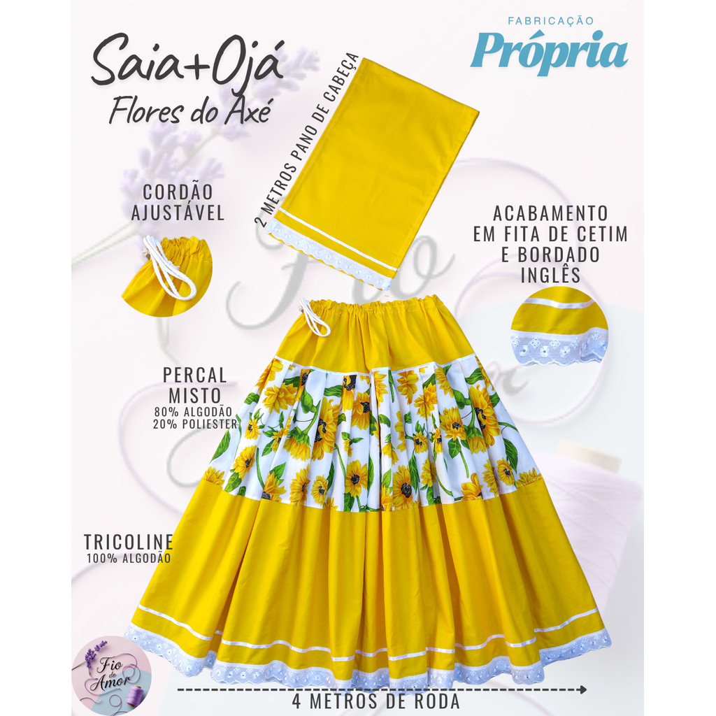 KIT SAIA DE GIRA + OJÁ FEMININO | UMBANDA E CANDOMBLÉ | ROUPA DE SANTO | SAIA RODADA COM RENDA