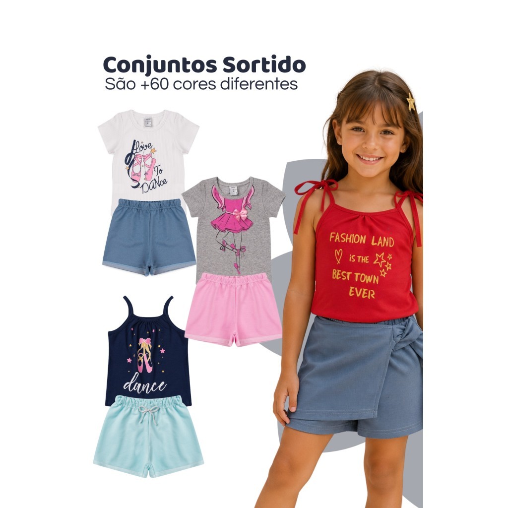 Kit Sortido Infantil com 6 Peças 3 Conjuntos Verão Estampado Menina
