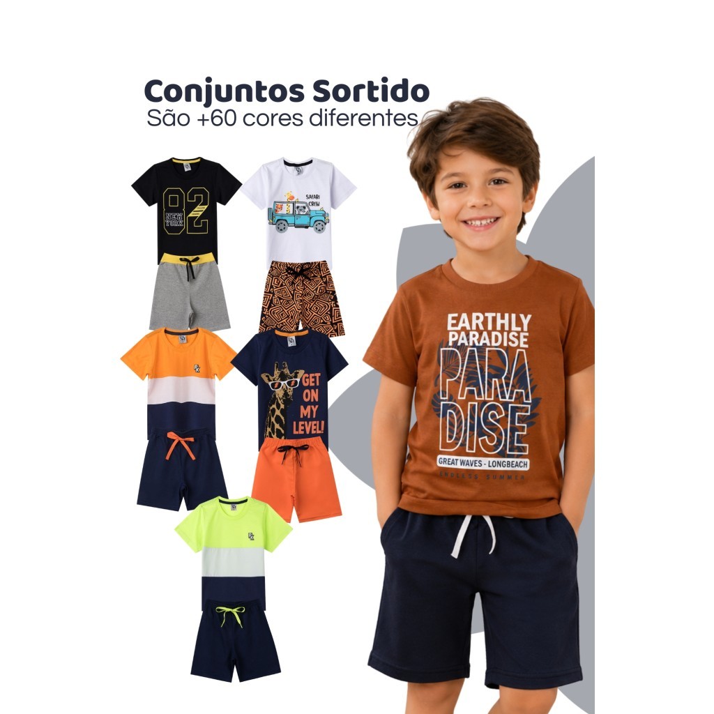 Kit Sortido 10 Peças de Roupas Infantil Menino (5 Camisetas + 5 Bermudas) Kit 5 Conjuntos