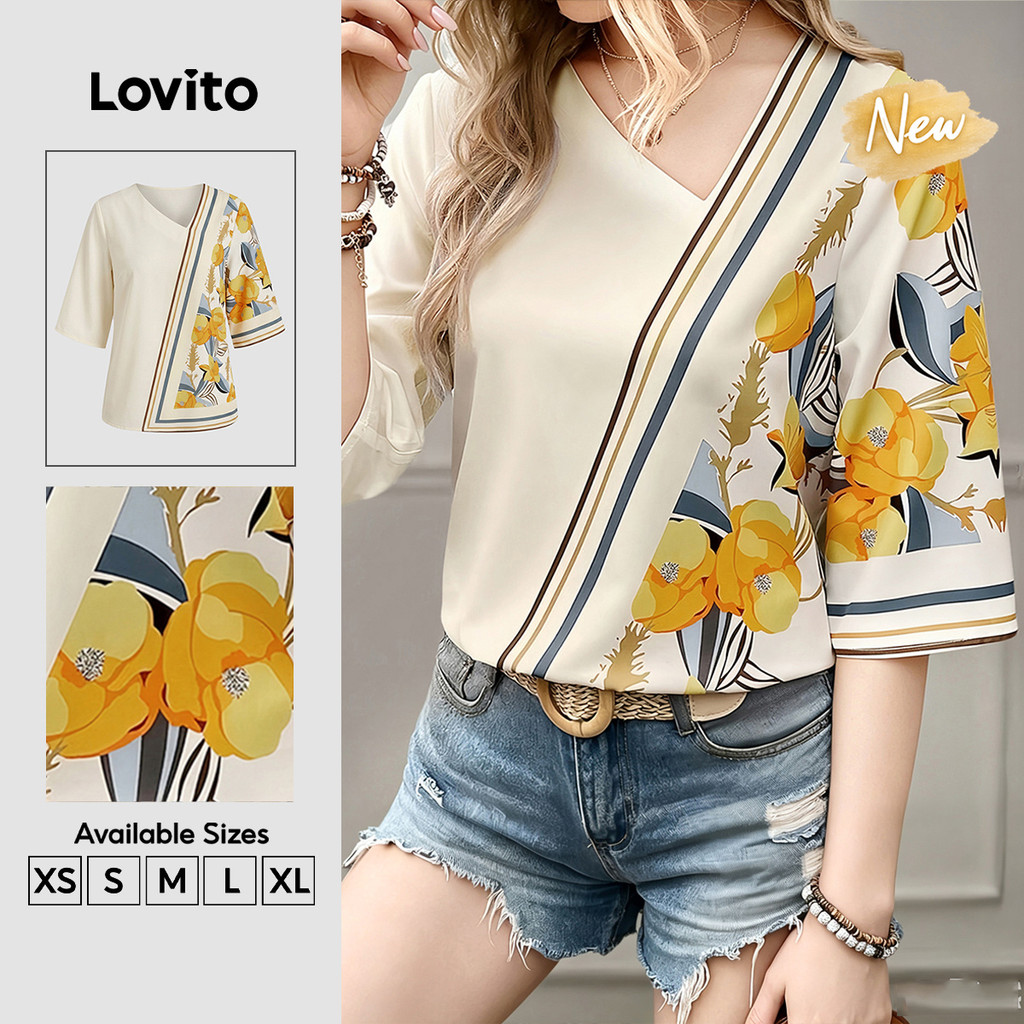 (New Arrival) Lovito Blusa Elegante de Damasco para Mulheres primavera/verão BLK9P2D719