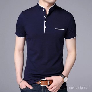 2026 Nova Camisa Polo de Marca da Moda para Homens, Verão, Gola Mandarim, Corte Slim, Cor Sólida, Com Botões, Respirável