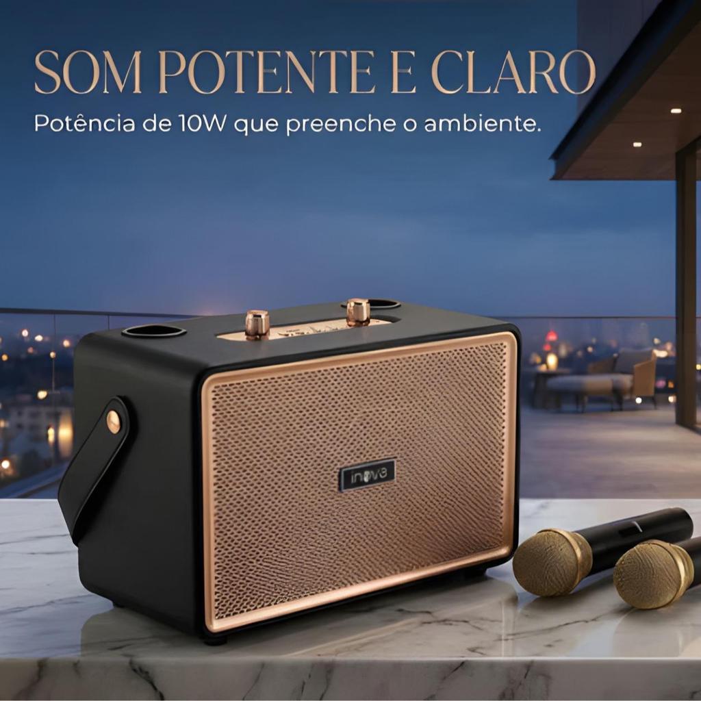 Caixa de Som Bluetooth Portátil Karaokê com 2 Microfones SemFio Bluetooth5.2 TWS USB AUX Design Premium CouroSintético