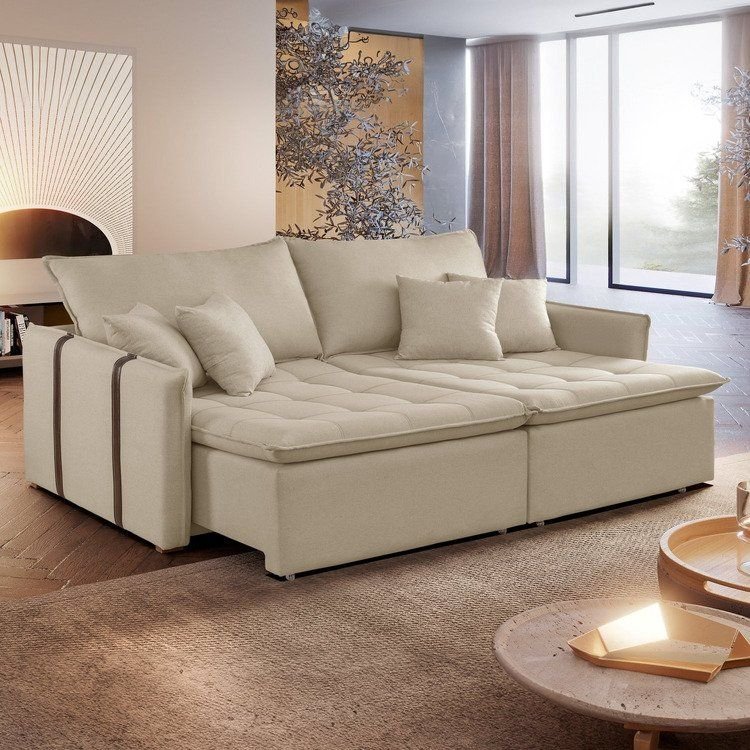 Sofá Cama Retrátil e Reclinável 3 Lugares Linho Bege Detroid 200cm Yescasa Linho Cru