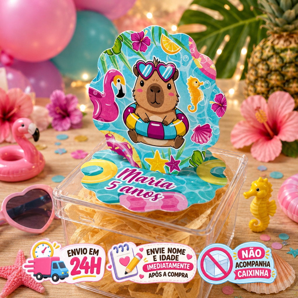 Aplique em Pé 3D Pool Party Capivara Personalizado Lembrancinha Festa Infantil Kit 10 a 50 unidades