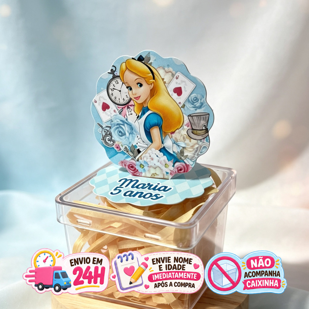 Aplique em Pé 3D Alice no Pais das Maravilhas Personalizado Lembrancinha Festa Infantil Kit 10 a 50 unidades