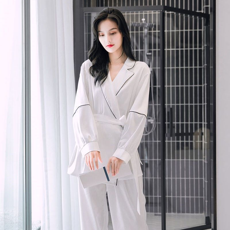 Influencer gelo seda quimono amarrado pijamas feminino primavera outono cor sólida com decote em V Cardigan solto Lounge