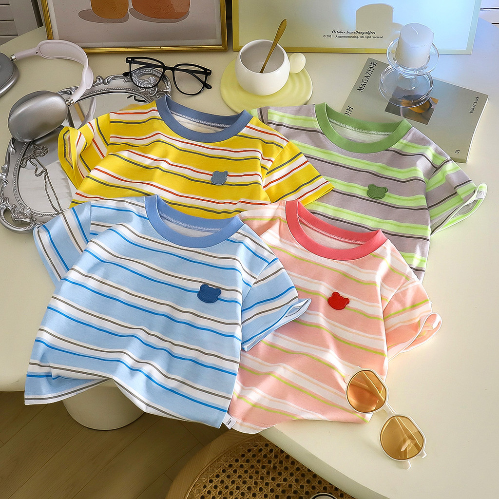 Crianças puro algodão listrado camiseta de manga curta verão meninos meninas respirável meia manga bebê moda todos @-