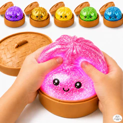 Squishy Led Glitter Surpresa Dumpling Bolinho Bao Antiestresse Macio Fidget Toy Com Cestinha
