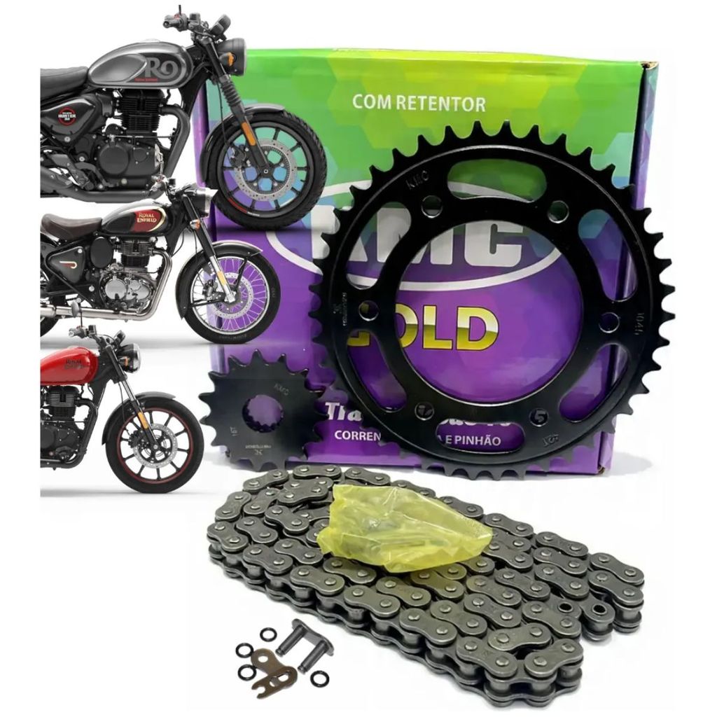 Kit Relação Transmissao Tração Kmc Royal Enfiled Meteor Classic Hunter 350 Com Retentor Promocao