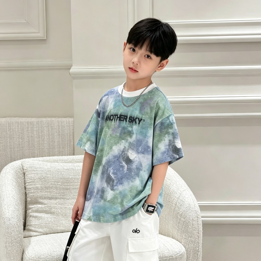 Meninos camiseta de manga curta 2026 novo estilo crianças verão camiseta médio grande menino Tie-Dye impresso topo Hal