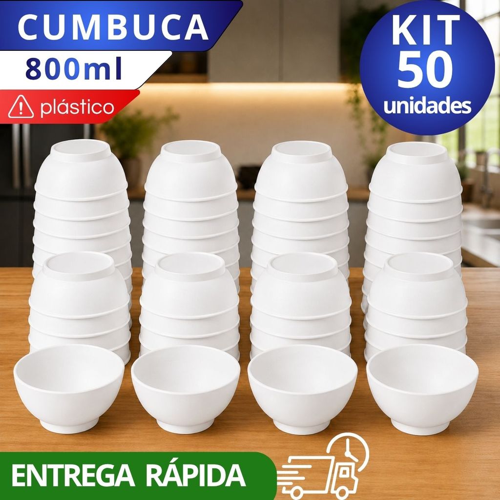 Kit 50 Potes Cozinha 800ml Tigelas Cumbucas Bowls Plástico Branca Açaí Sorvete Doce Salgado