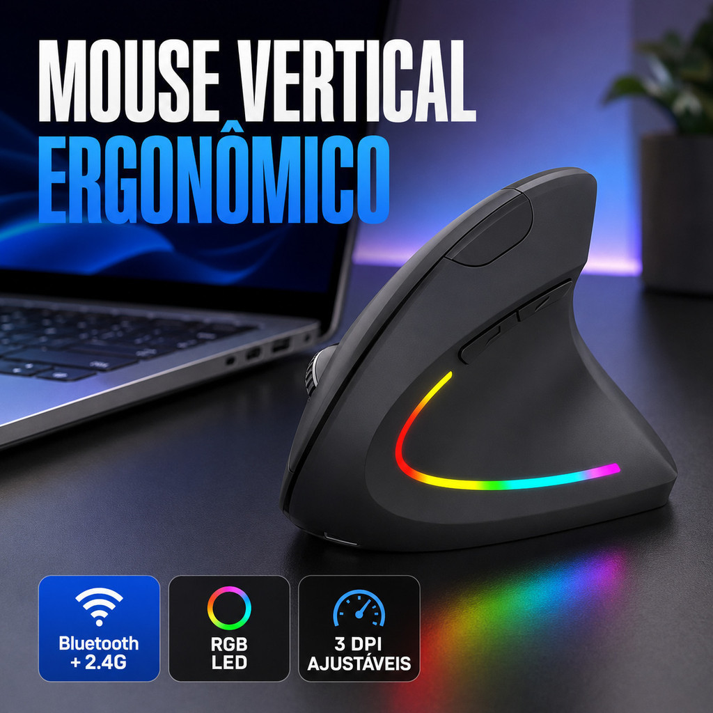 Mouse Vertical Ergonômico Sem Fio Recarregável USB Bluetooth Silencioso Ortopédico Mão Direita PC Gamer SMART