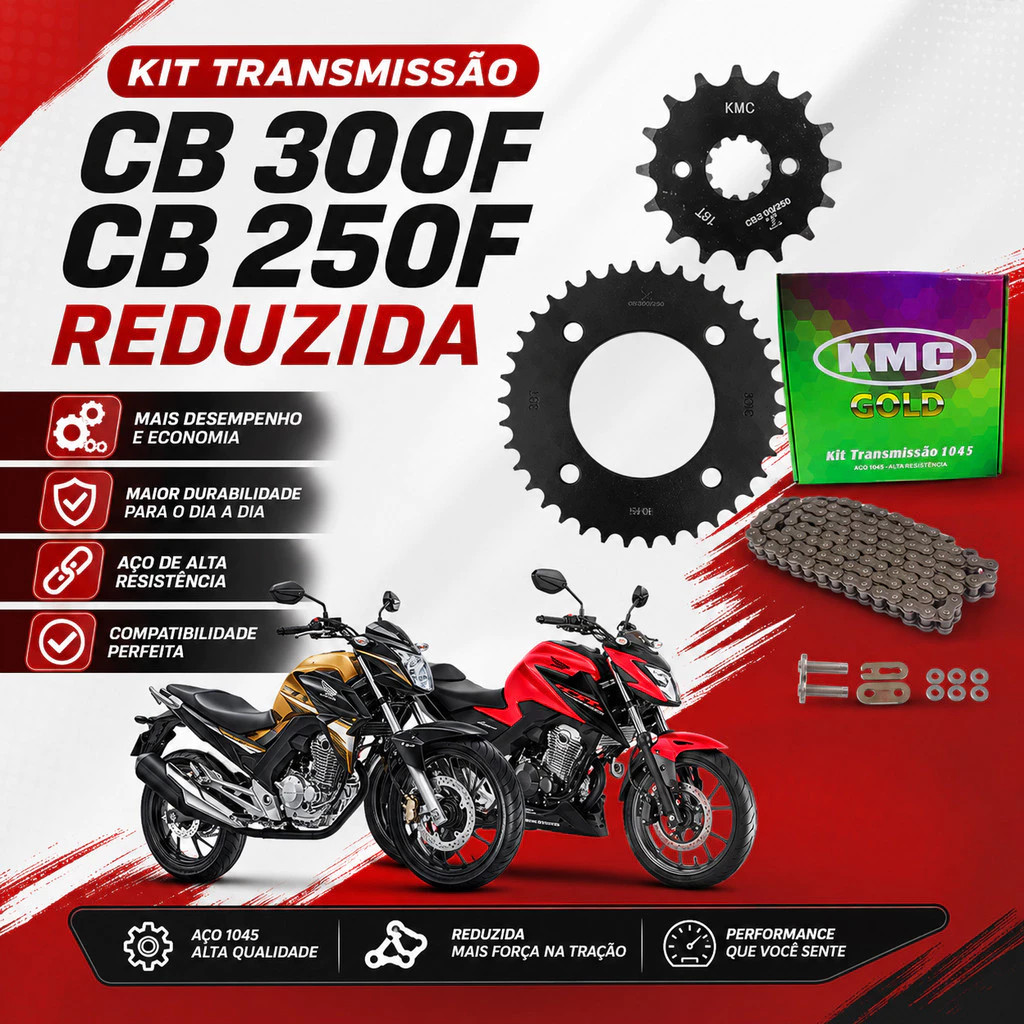 Kit  Completo Relação Transmissão CB 250F Twister CB 300F Reduzida  KMC SEM RETENTOR
