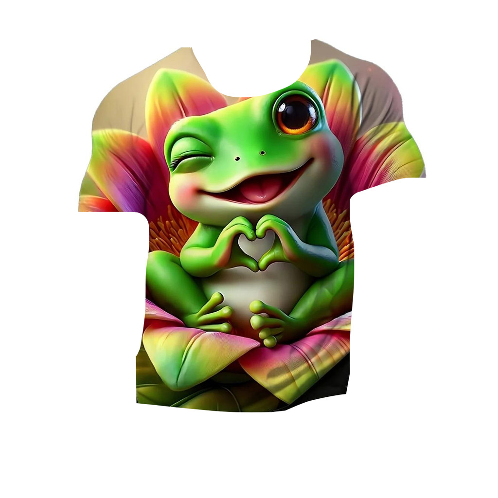 Camiseta Infantil de Manga Curta com Estampa Gráfica de Sapo 3D, Gola Redonda, para Festa a Fantasia, Uso Diário, Ativid