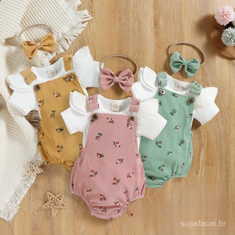 Conjunto de Roupas para Bebê Menina 0-18 meses Camiseta de Manga Curta, Macacão, Faixa de Cabelo com Laço