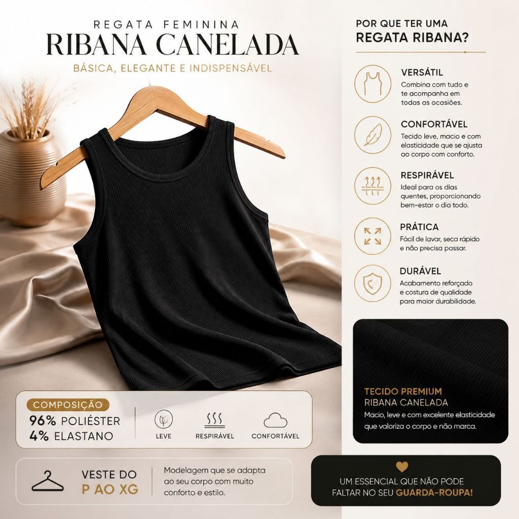 Kit 3 Blusas Regatas Femininas Ribana Canelada com Elastano Básica Casual Confortável