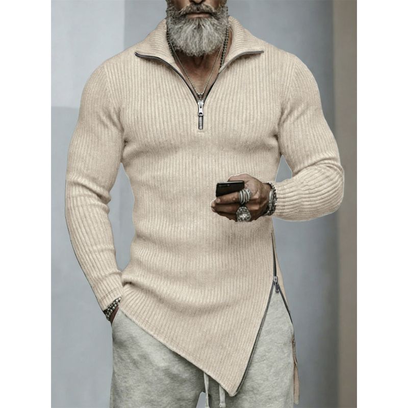 Camiseta masculina outono inverno de manga comprida elástica Slim fit cor sólida Irregular Top esportes lazer Fitness