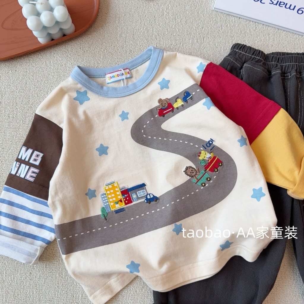 Japonês crianças roupas outono novo estilo menino dos desenhos animados pista carro de manga comprida camiseta crianças 