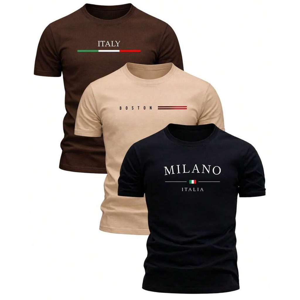 Kit 3 Camisetas Masculina Estampada Milano Gola Redonda 100% Algodão