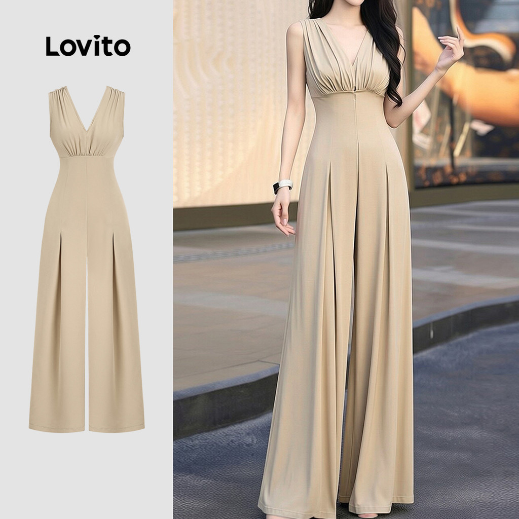 Lovito Macacão Elegante Pregas e Linha de Estrutura para O Trajeto Macacão Cáqui JRB199P2D260