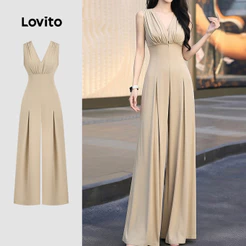 Lovito Macacão Elegante Pregas e Linha de Estrutura para O Trajeto Macacão Cáqui JRB199P2D260