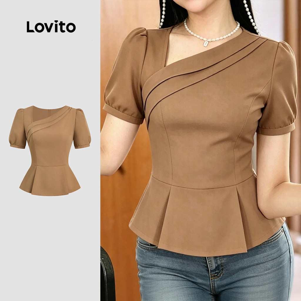 Lovito Blusa Elegante Assimétrica Plissada Primavera/verão Khaki para Mulheres L199ED281
