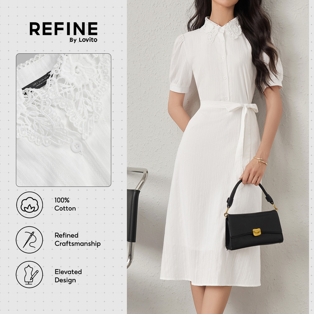 (Refine by Lovito) Vestido Social Algodão Bordado Jacquard Cinto Dupla Camada Branco Feminino DRR42P1D026