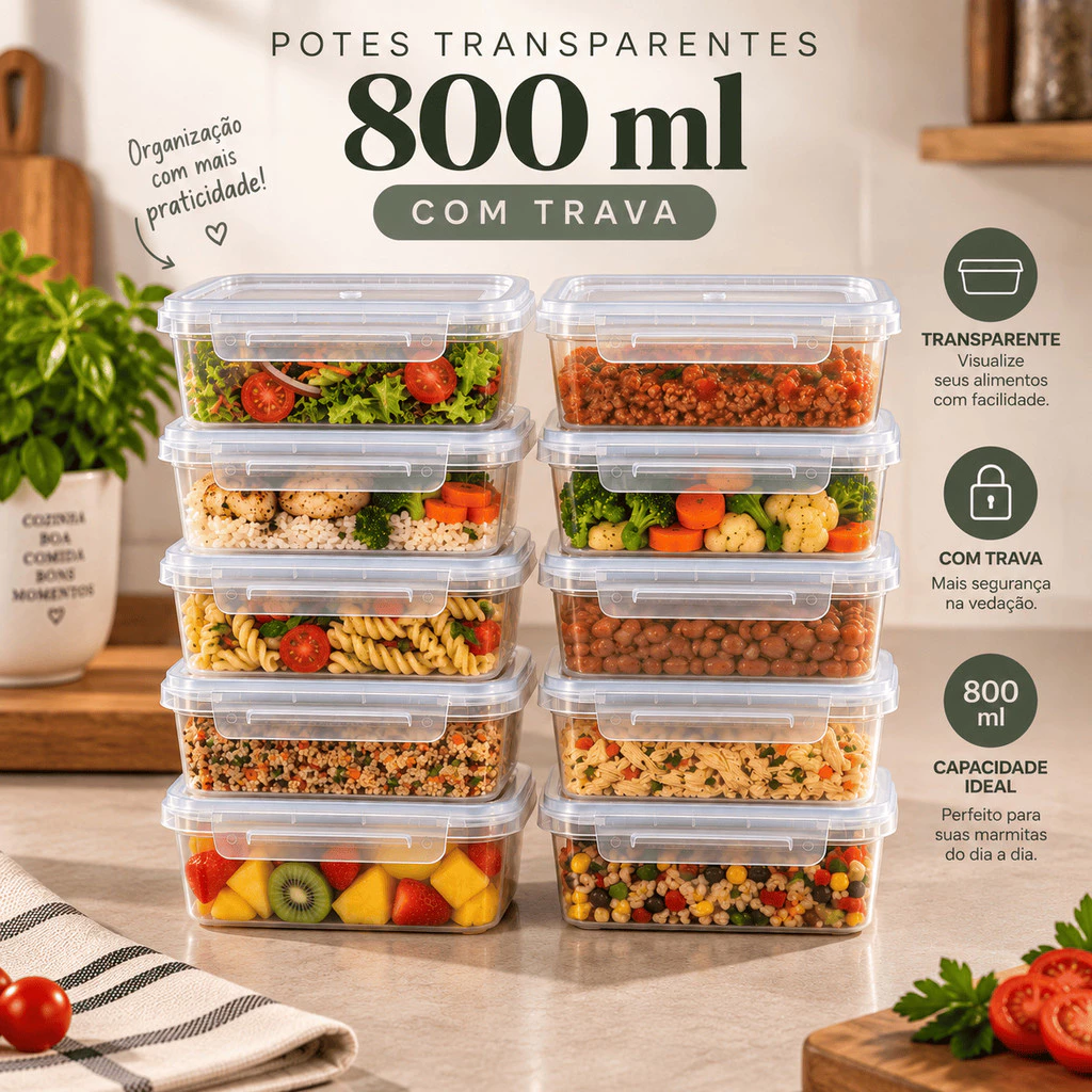 Kit 10 Potes marmitas com Trava 800ML - Transparente e Tampa Transparente - LIVRE BPA - Marmita - Freezer - Micro-ondas — imagem 1