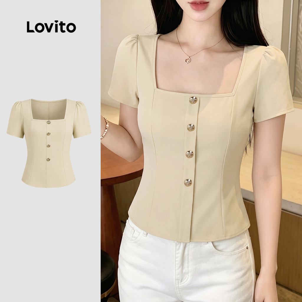 Lovito Elegante Blusa Feminina Botão Casual Simples Primavera/verão Cor damasco BLK8P2D877