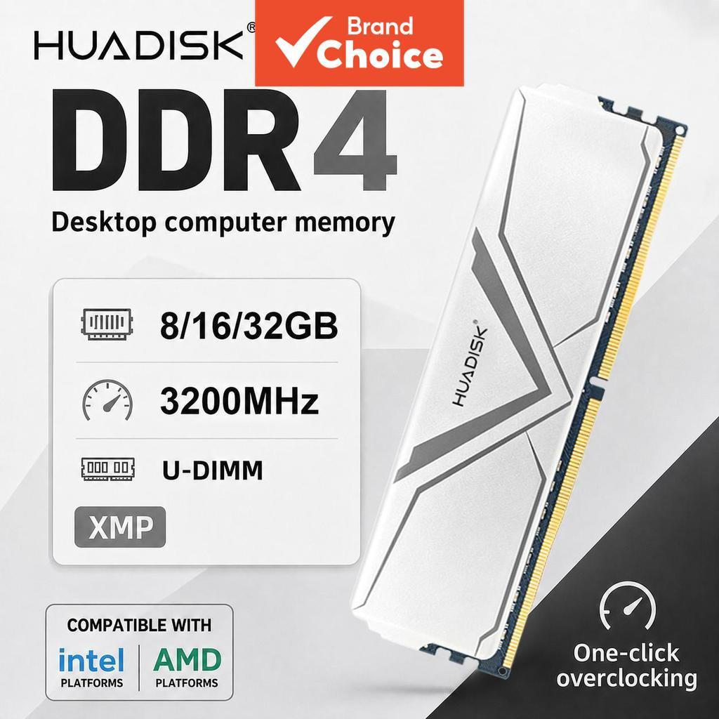 HUADISK DDR4 8GB 16GB 32GB 3200MHz XMP 2.0 Memória RAM com dissipador branco UDIMM 288 pinos compatível com desktops