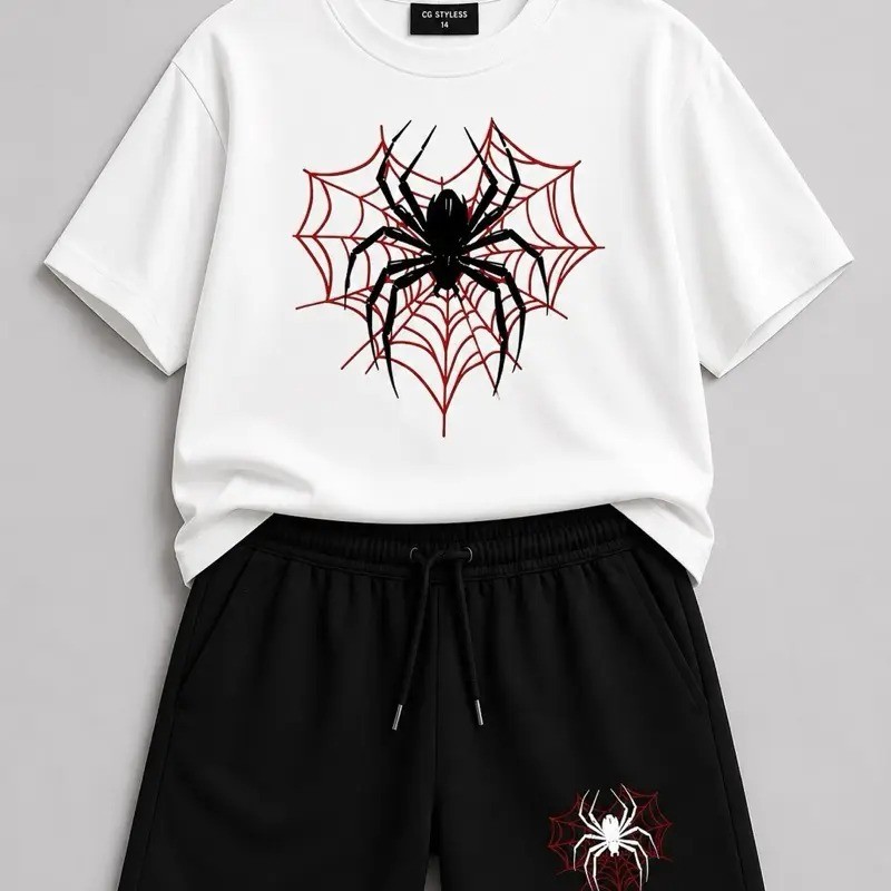 Conjunto Infantil Menino Camiseta e Short Moletinho Streetwear Verão Casual Masculino com Estampa de Aranha