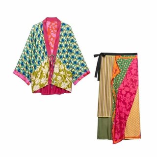 Conjunto de saia estampada para mulher, ideal para o verão, com detalhes em patchwork, decote em V, mangas compridas, bl