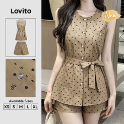 Lovito Blusa ou Calça Feminina Elegante Caqui com Poá Bolso e Botão Primavera Verão Traje de Trabalho SHB205P2D062