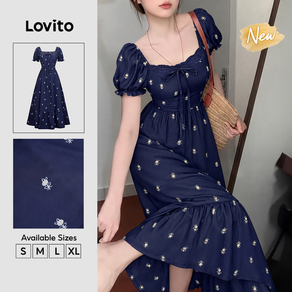 (New Arrival) Lovito Casual Vestido Longo Flare Azul Escuro Floral Amarração Babado Férias Primavera Verão Para Mulheres DRB39BR066
