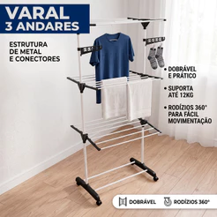 Varal De Chão 3 Andares Dobrável Com Rodinhas 360 Cabideiro Sapateira Aço Vertical Portátil