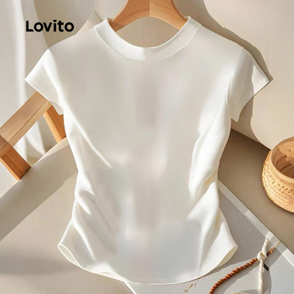 T Shirt Feminina Estilosa Lovito Canelada Casual Camiseta Branca com Botão Para Primavera/verão LK2AD1143 · foto 2