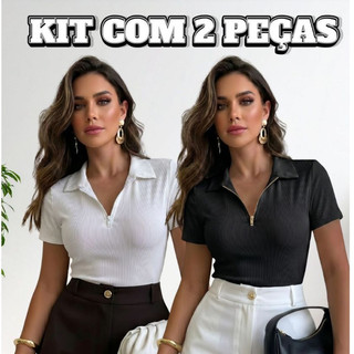Kit 2 Blusas Feminina Gola Polo Com Zíper Ribana Canelada Premium Elegante Casual Estilosa
