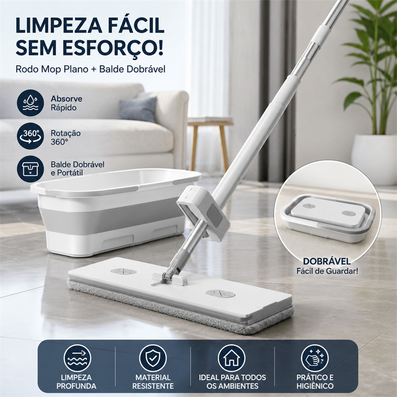 kit esfregão plano de 130 cm e balde dobrável - limpe completamente de uma só vez, sem sujar as mãos