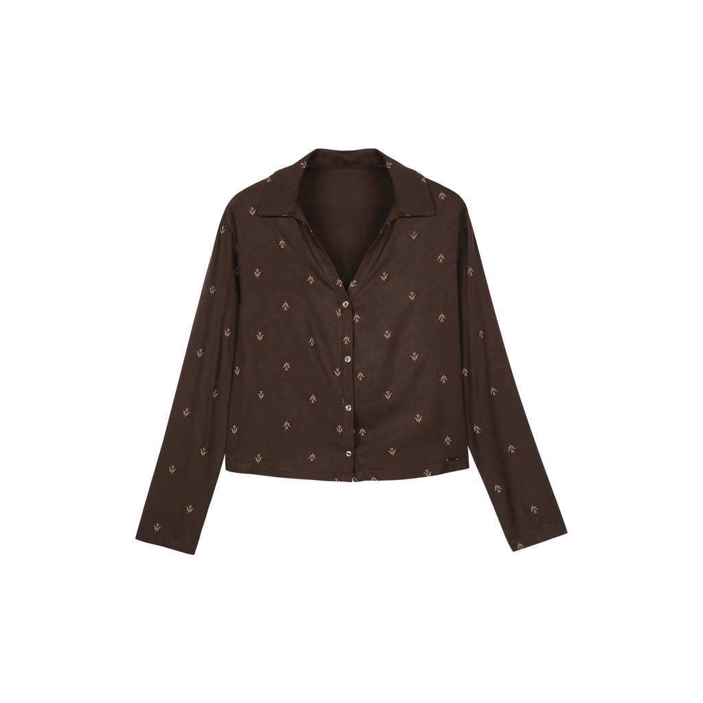 Camisa Feminina Manga Longa Floral Marialícia Marrom · foto 2