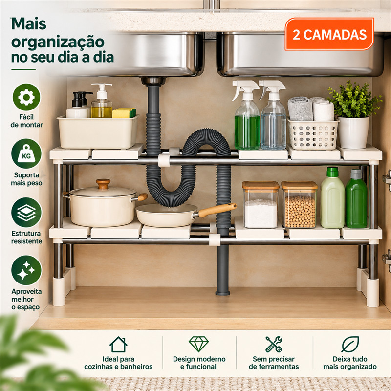 Organizador Extensível 2 Camadas para Armário de Cozinha