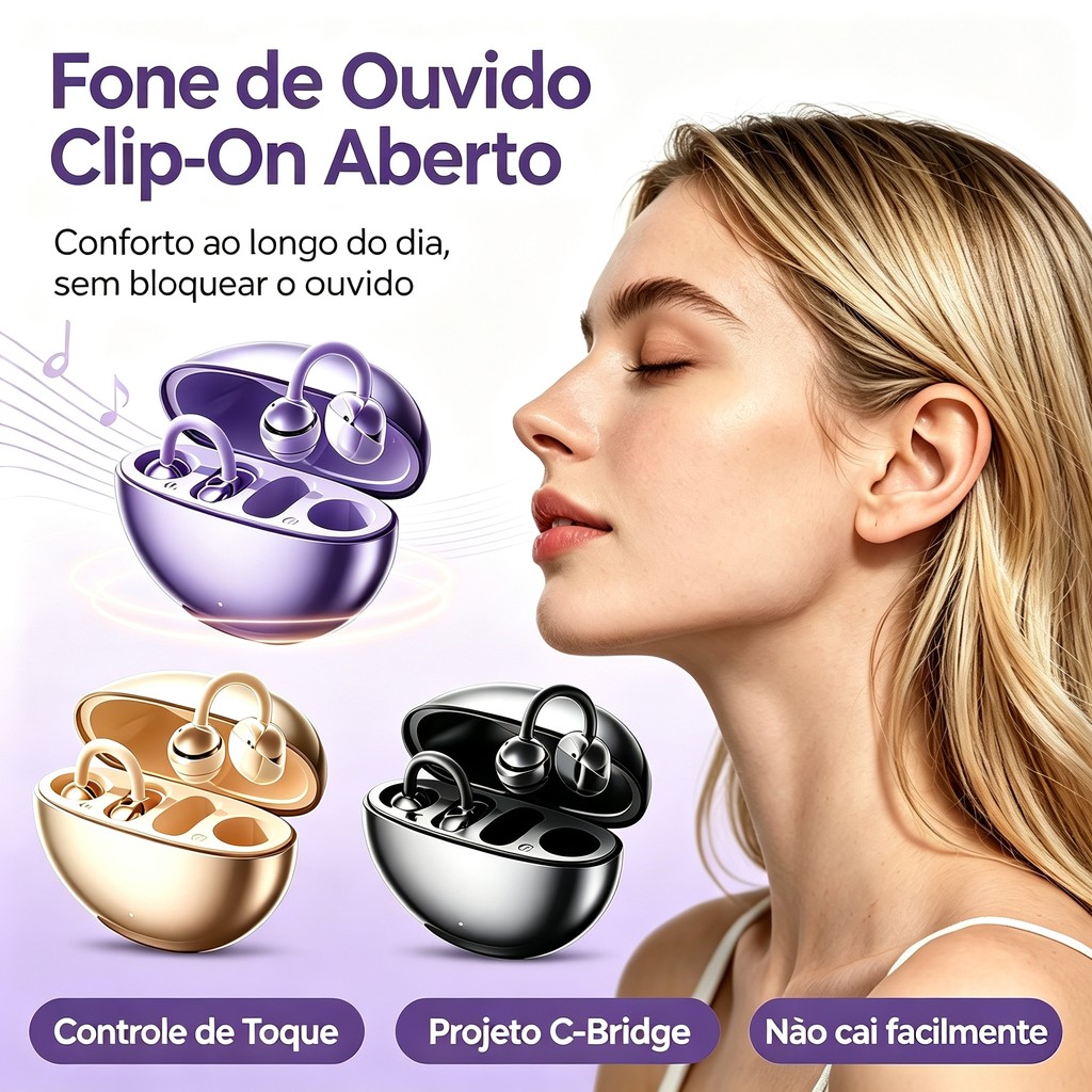 Fone de Ouvido Bluetooth de Encaixe na Orelha, Design Orelha Aberta Confortável, Não Entope o Canal Auditivo
