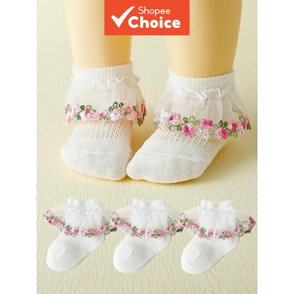 Meias Princesa De Renda Floral VMI – 3 Pares De Malha Bordada Rosa Respirável Para Bebês Meninas De 0 A 3 Anos , Roupa D