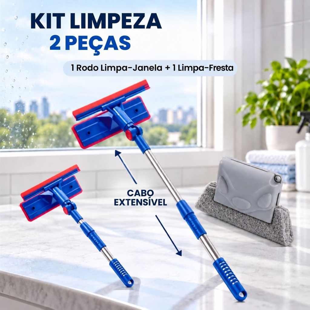 Kit Rodo Limpa Vidro + Limpa Fresta Limpeza Cantos Janela Multiuso 2 em 1 Extensível com Esponja