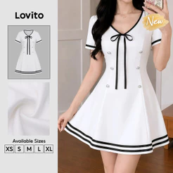 (New Arrival) Lovito Vestido Branco Feminino Curto Corte a 2 botões amarração Preppy primavera/verão Fim De Semana DRB204P1D153