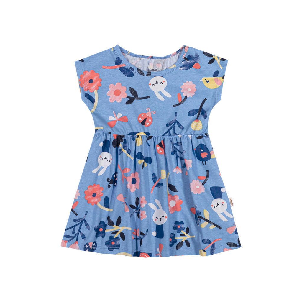 Vestido Bebê Menina Meia Malha Bichinhos Elian Azul
