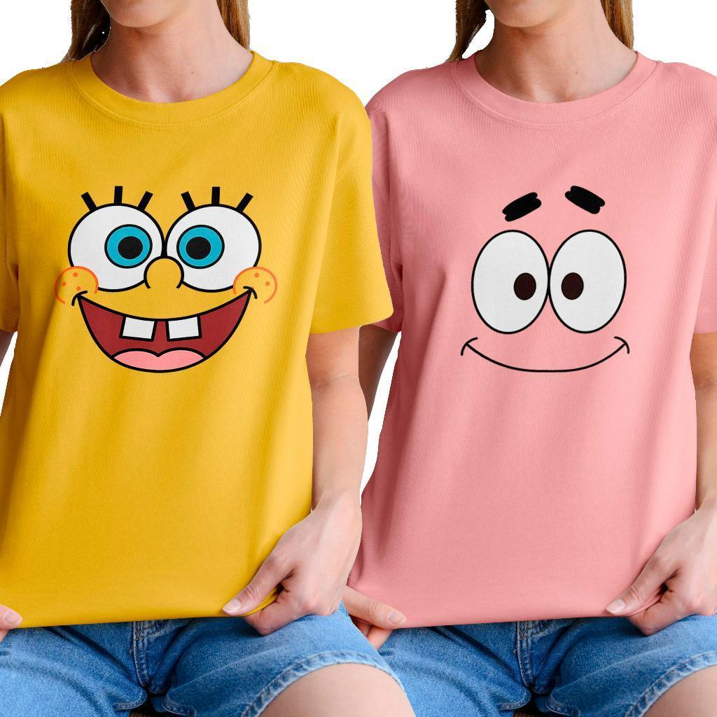 Camiseta Blusa Unissex Estampa Divertida Face Bob Esponja ou Patrick Estrela Personagens - 100% algodão