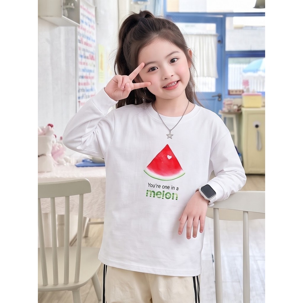 Meninas Bonito Melancia Fruta Impressão Manga Longa Camiseta 100 % Algodão Crianças Tripulação Pescoço Casual Uso Diário