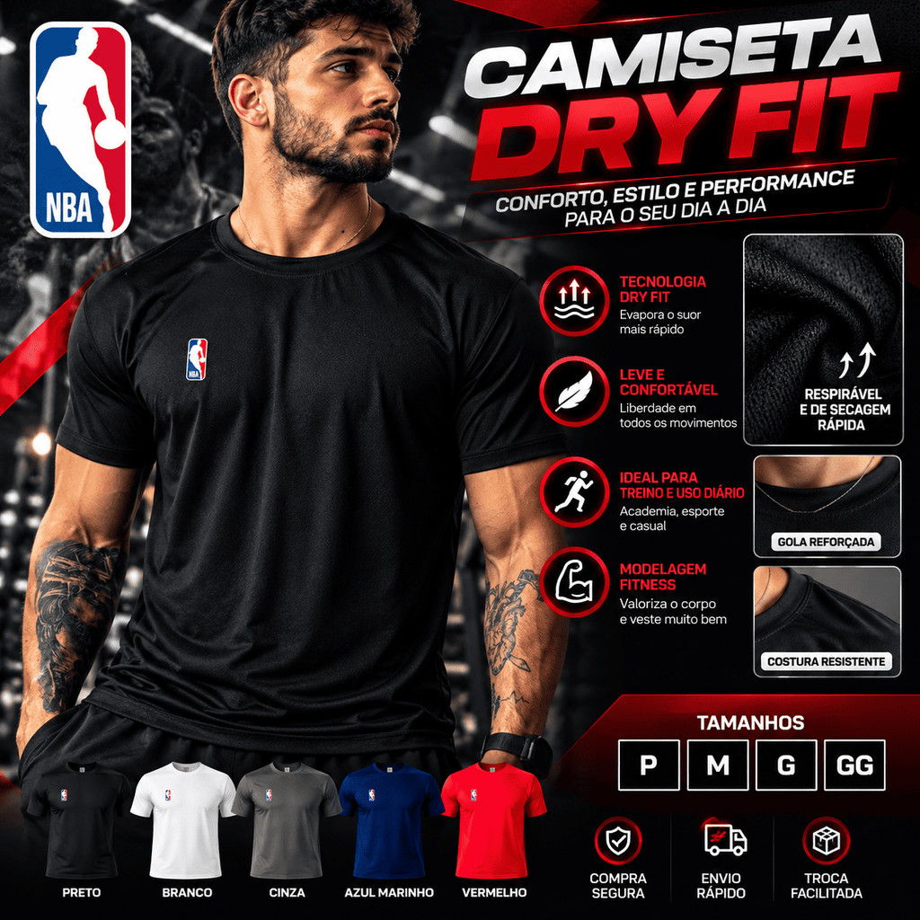 Camisa Camiseta Dryf Fit Masculina NBA Academia Corrida Crossfit Skate Basquete, Treino Proteção UV